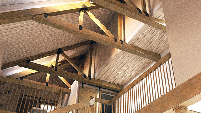 Interior of Farmhouse ceiling trusses in Feeding Hills, Massachusetts
