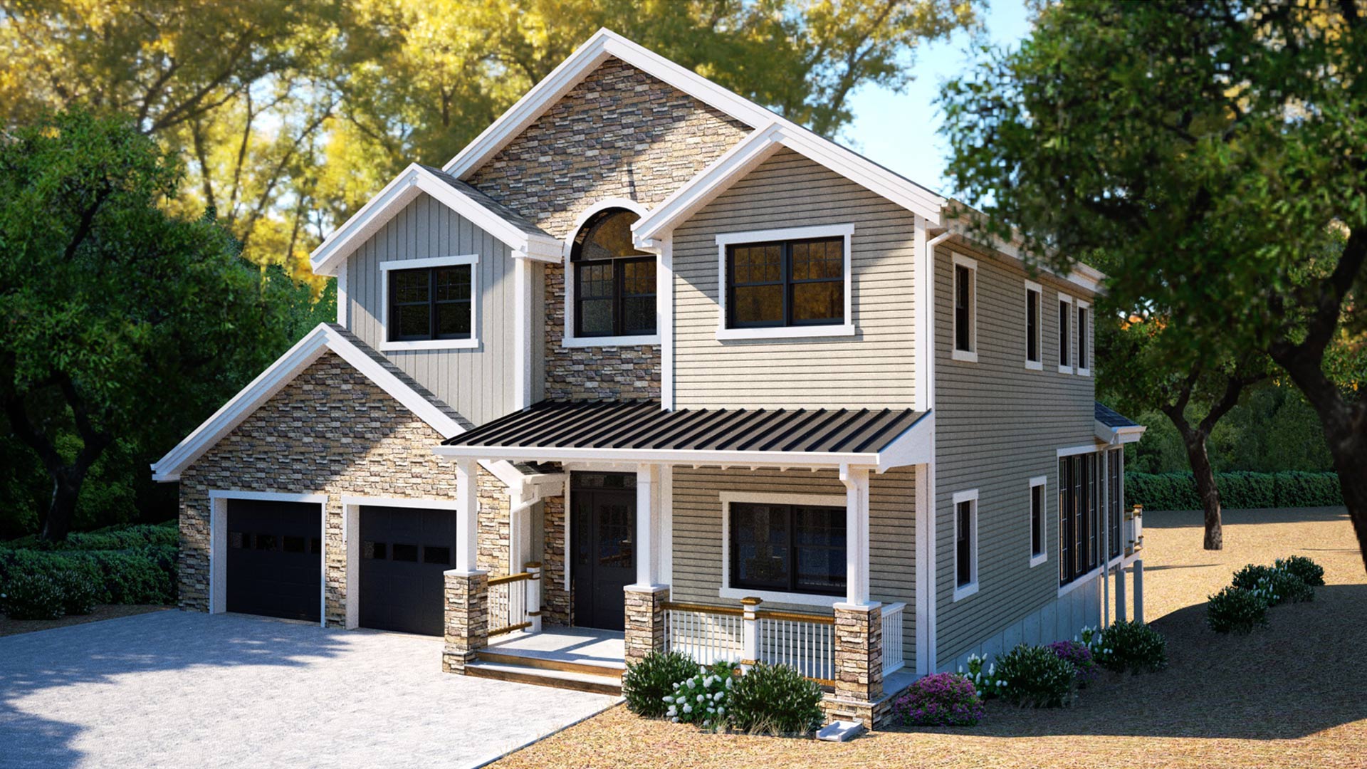 Exterior rendering of a Craftman style House in Simsbury, Connecticut