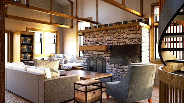 Interior of a Farmhouse living room addition in Feeding Hills, Massachusetts